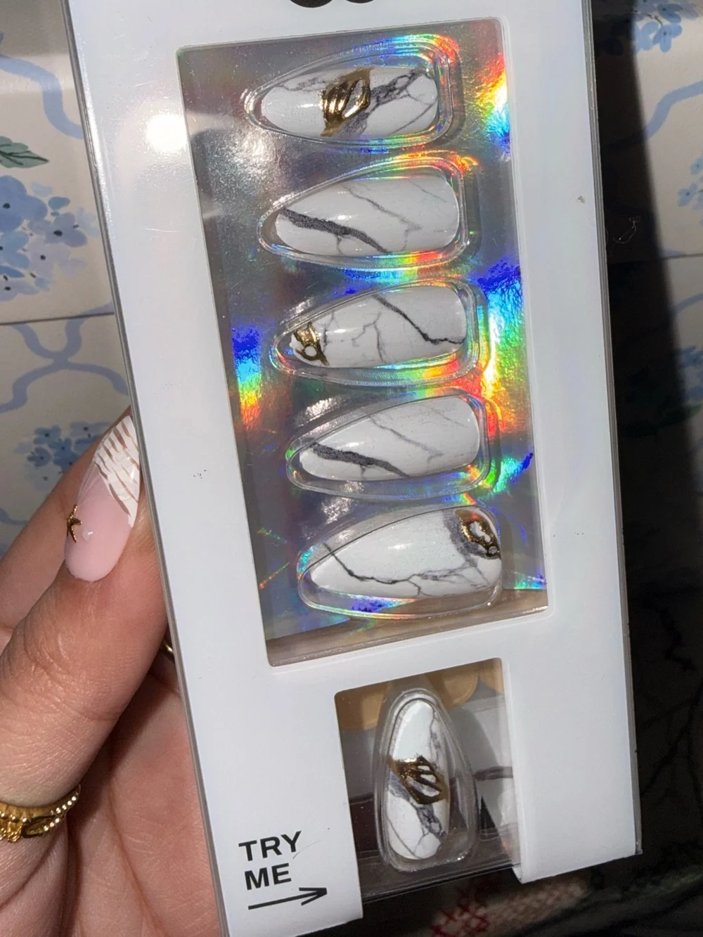 Never Have I Ever White Marble Press-On Nails with Gold Accent